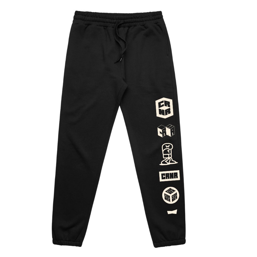 Corner Co. Boxing STENCIL Trackies – Black Fleece Track Pants Front
